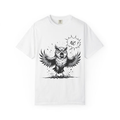 Owl Saying “No” Graphic T-Shirt — Bold Monochrome Illustration