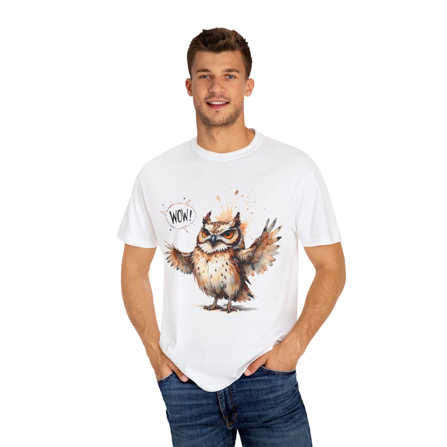 Owl Watercolor T-Shirt — Cute 'Wow!' Cartoon Owl Graphic Tee