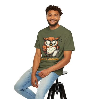 Sleepy Owl Coffee T-Shirt — "Gimme a Minute" Cute Morning Tee