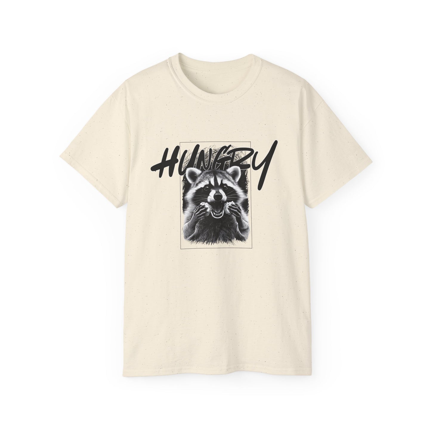 Hungry Raccoon Graphic Tee – Vintage Black & White Animal T-Shirt