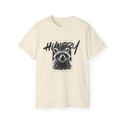 Hungry Raccoon Graphic Tee – Vintage Black & White Animal T-Shirt