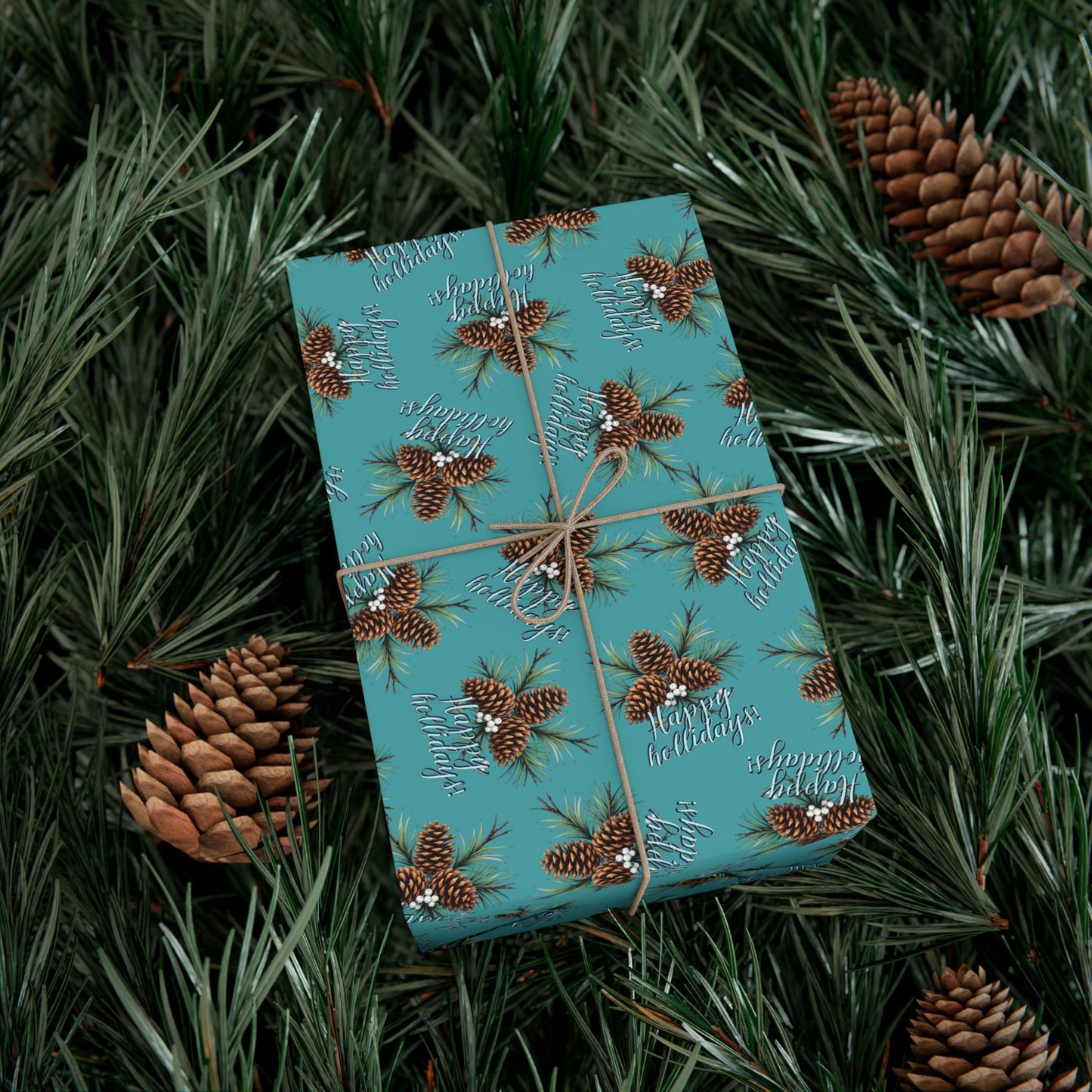 Pinecone & Spruce Teal Gift Wrap Paper – Rustic Holiday Wrapping Sheets