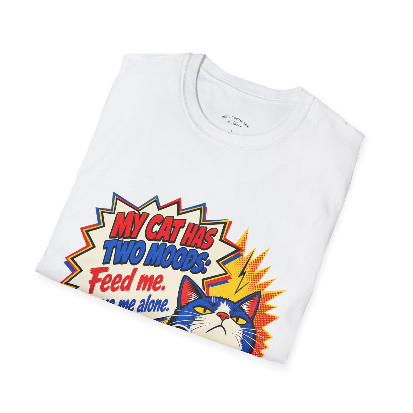 Cat T-Shirt — "My Cat Has Two Moods: Feed Me, Leave Me Alone" Funny Retro Comic Tee