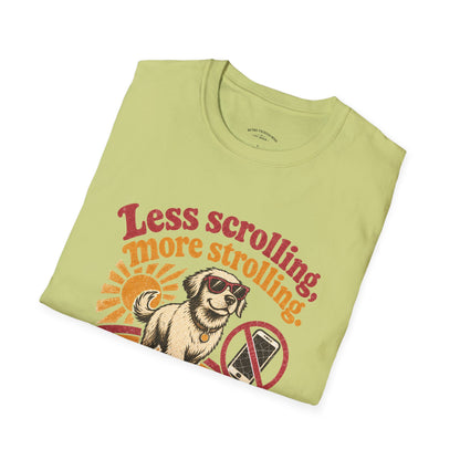 Less Scrolling More Strolling T-Shirt — Retro Dog Walk Graphic Tee