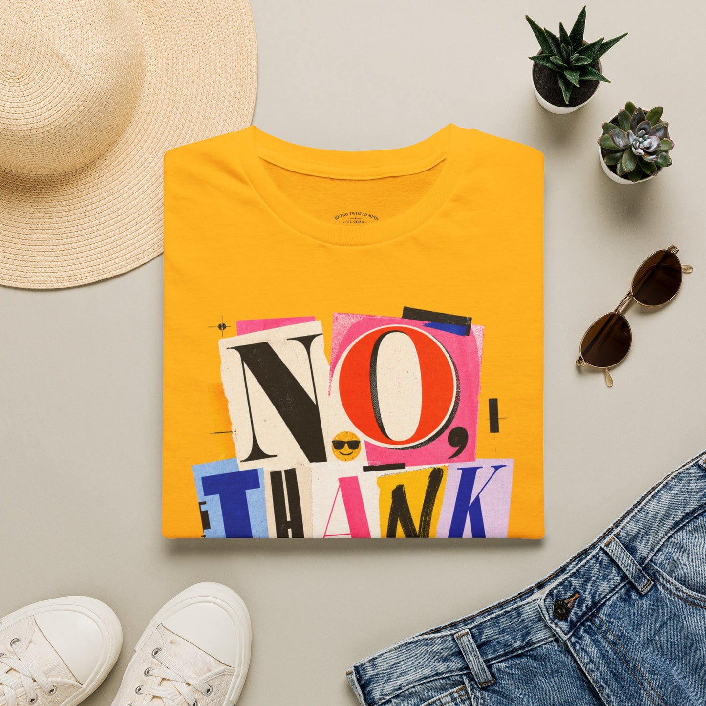 No, Thank You Graphic Tee — Colorful Bold Lettering T‑Shirt