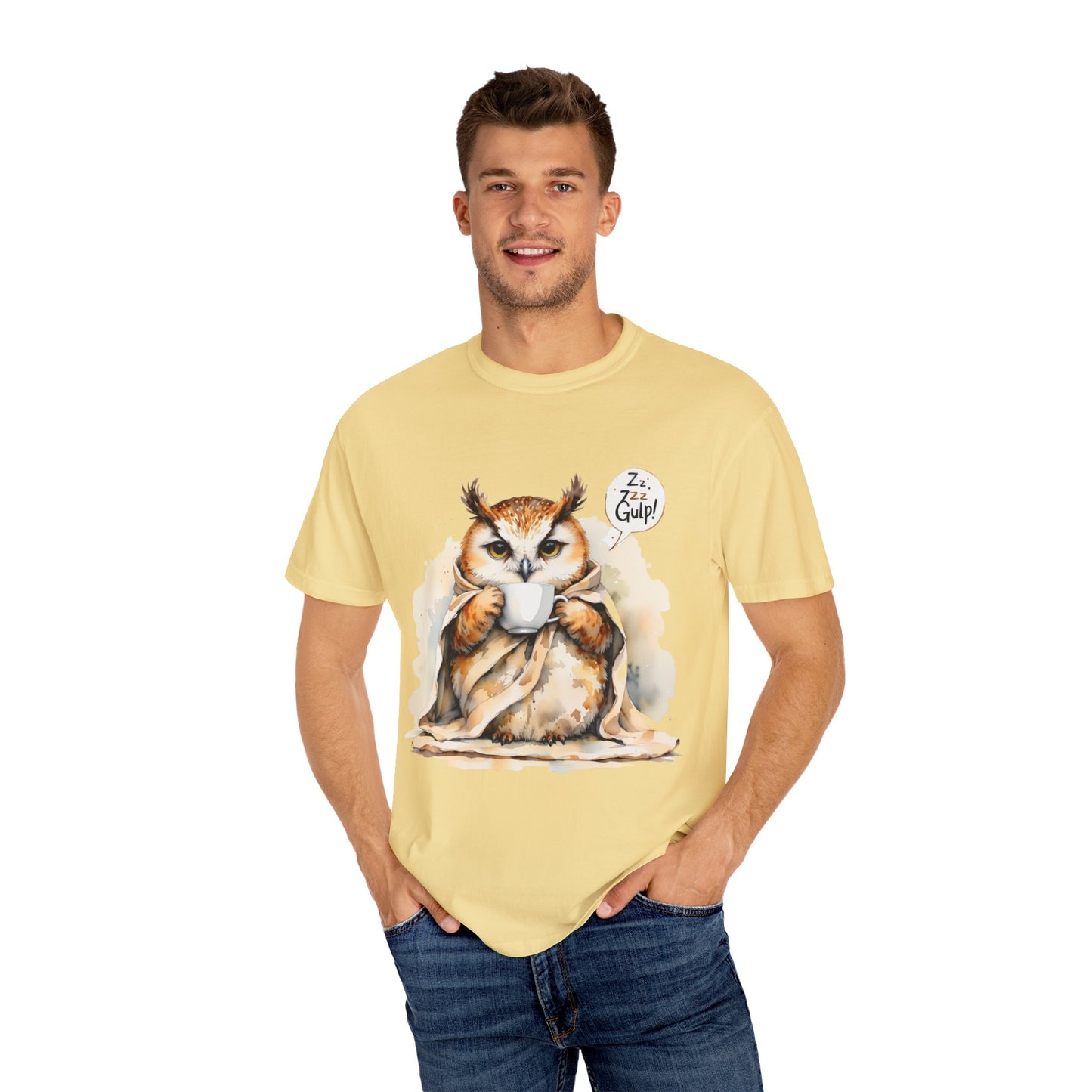 Cozy Owl Drinking Coffee T-Shirt – 'Zzz... Gulp!' Cute Morning Graphic Tee