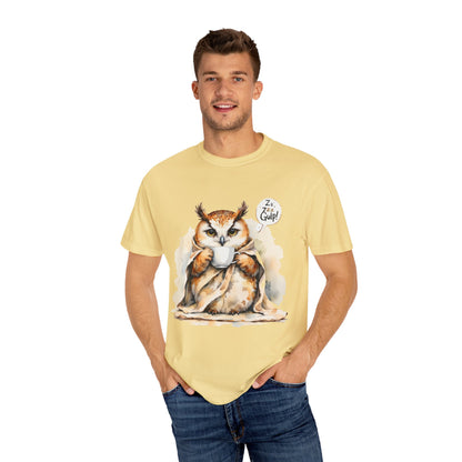 Cozy Owl Drinking Coffee T-Shirt – 'Zzz... Gulp!' Cute Morning Graphic Tee