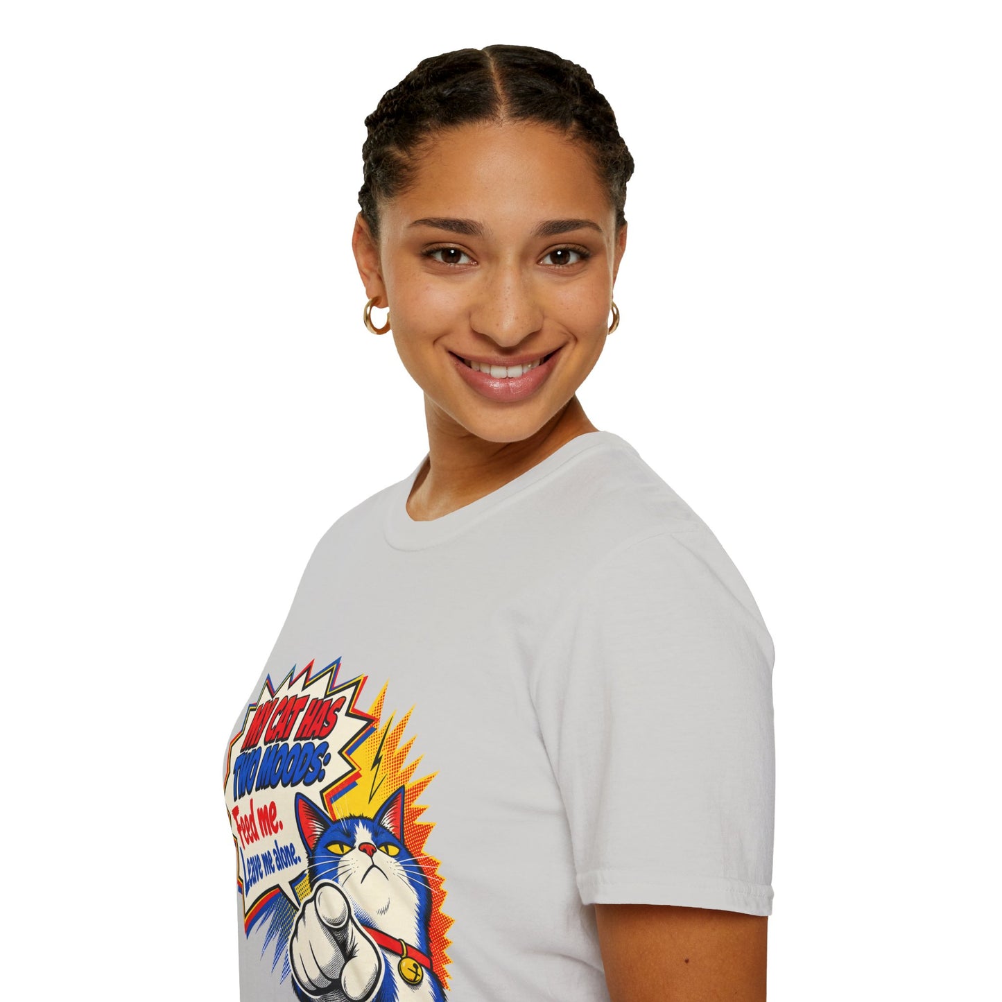 Cat T-Shirt — "My Cat Has Two Moods: Feed Me, Leave Me Alone" Funny Retro Comic Tee