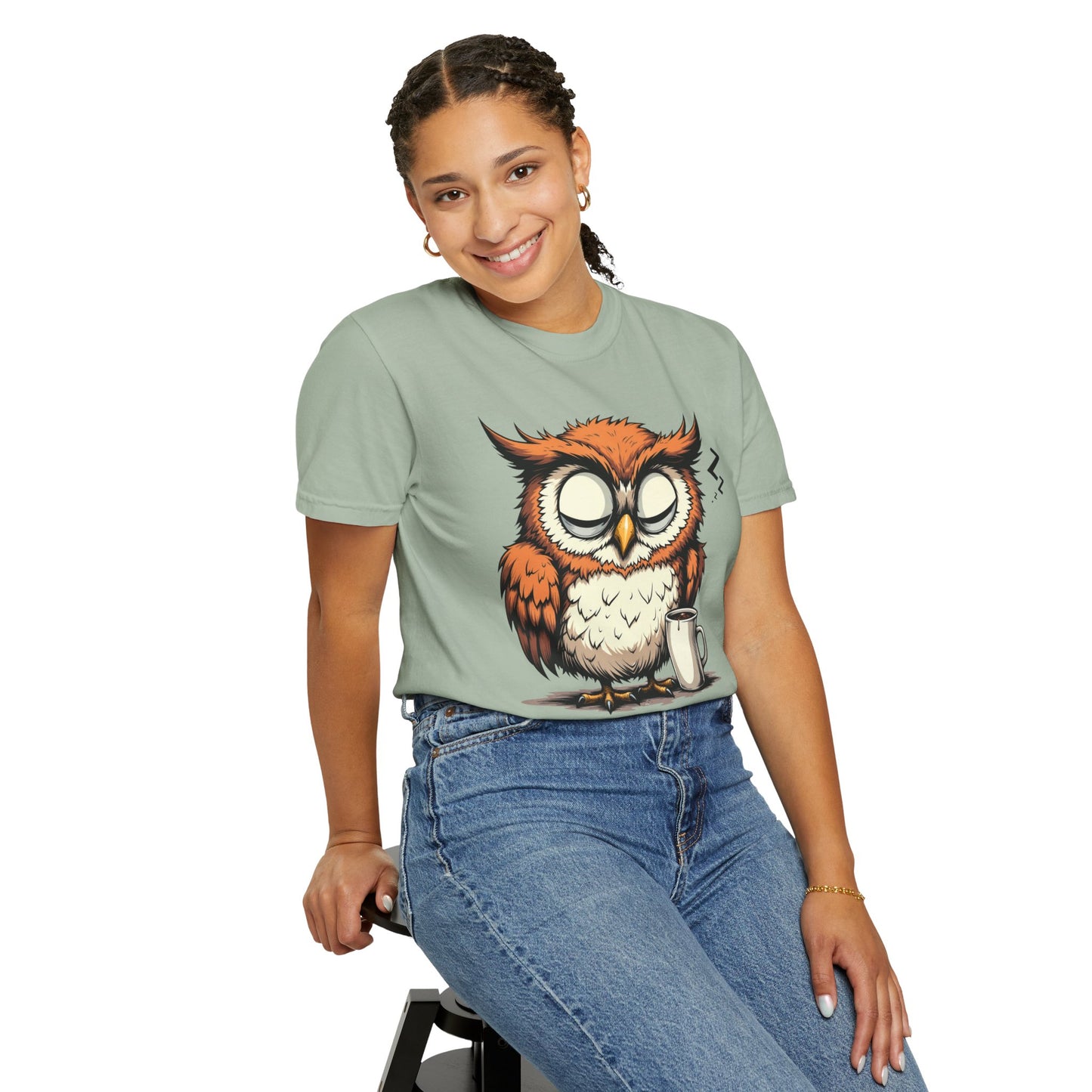 Sleepy Owl Coffee T-Shirt — "Gimme a Minute" Cute Morning Tee