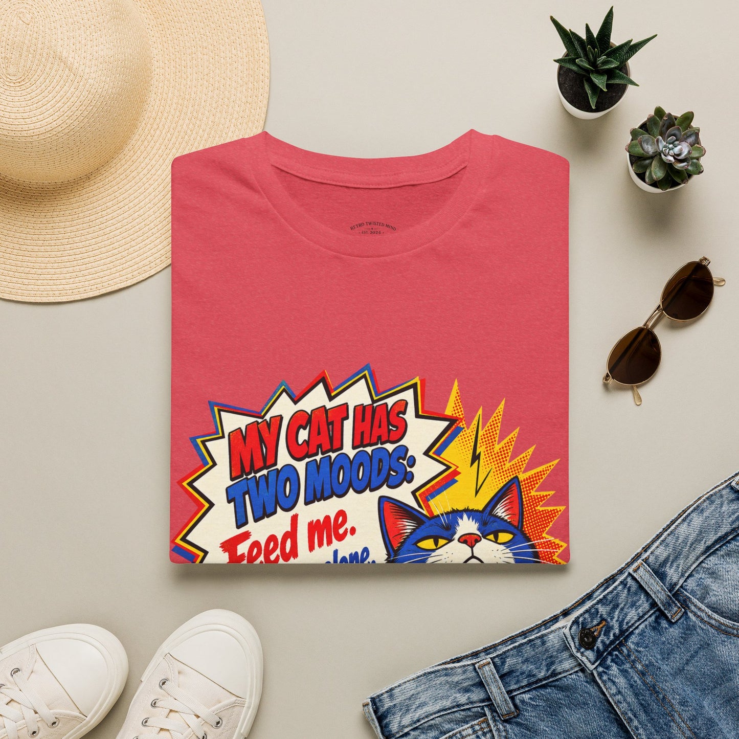Cat T-Shirt — "My Cat Has Two Moods: Feed Me, Leave Me Alone" Funny Retro Comic Tee