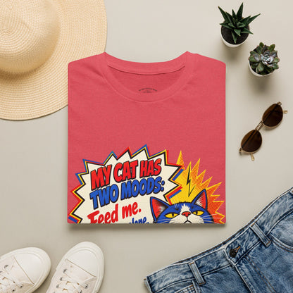 Cat T-Shirt — "My Cat Has Two Moods: Feed Me, Leave Me Alone" Funny Retro Comic Tee