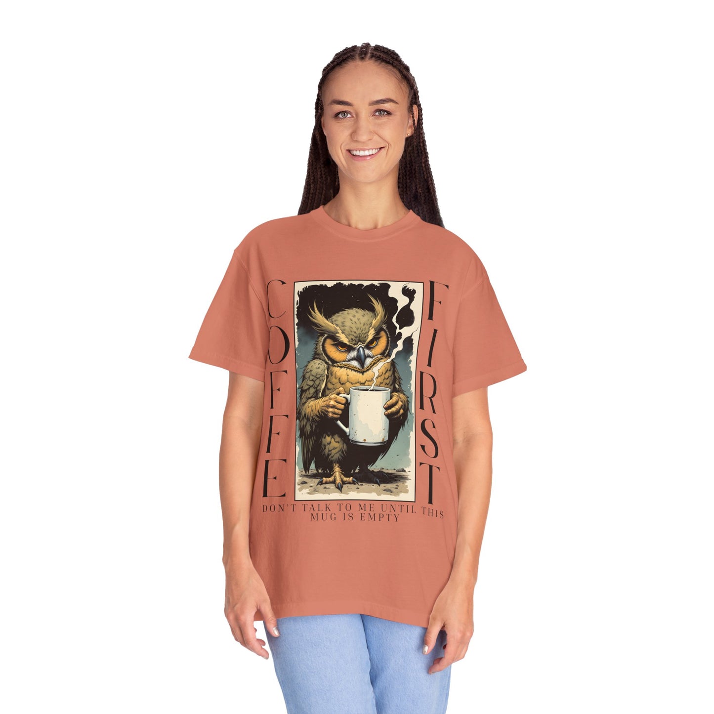 Coffee First Owl T-Shirt — Vintage Owl Holding  Graphic Tee