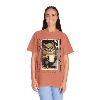 Coffee First Owl T-Shirt — Vintage Owl Holding  Graphic Tee