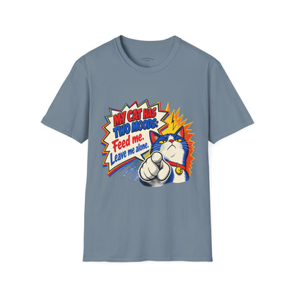 Cat T-Shirt — "My Cat Has Two Moods: Feed Me, Leave Me Alone" Funny Retro Comic Tee