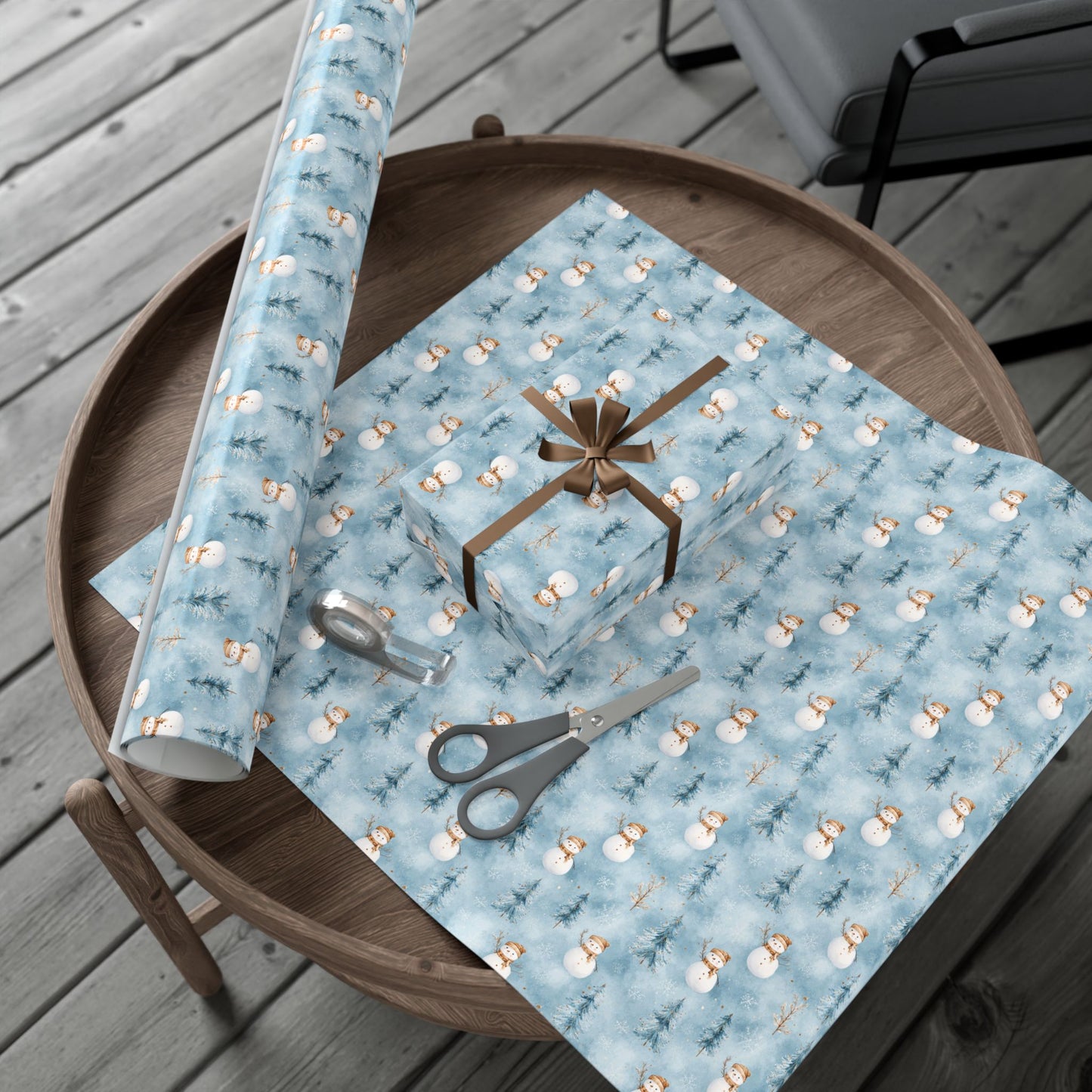 Snowman & Pine Holiday Gift Wrap Paper — Blue Winter Christmas Wrapping Sheets