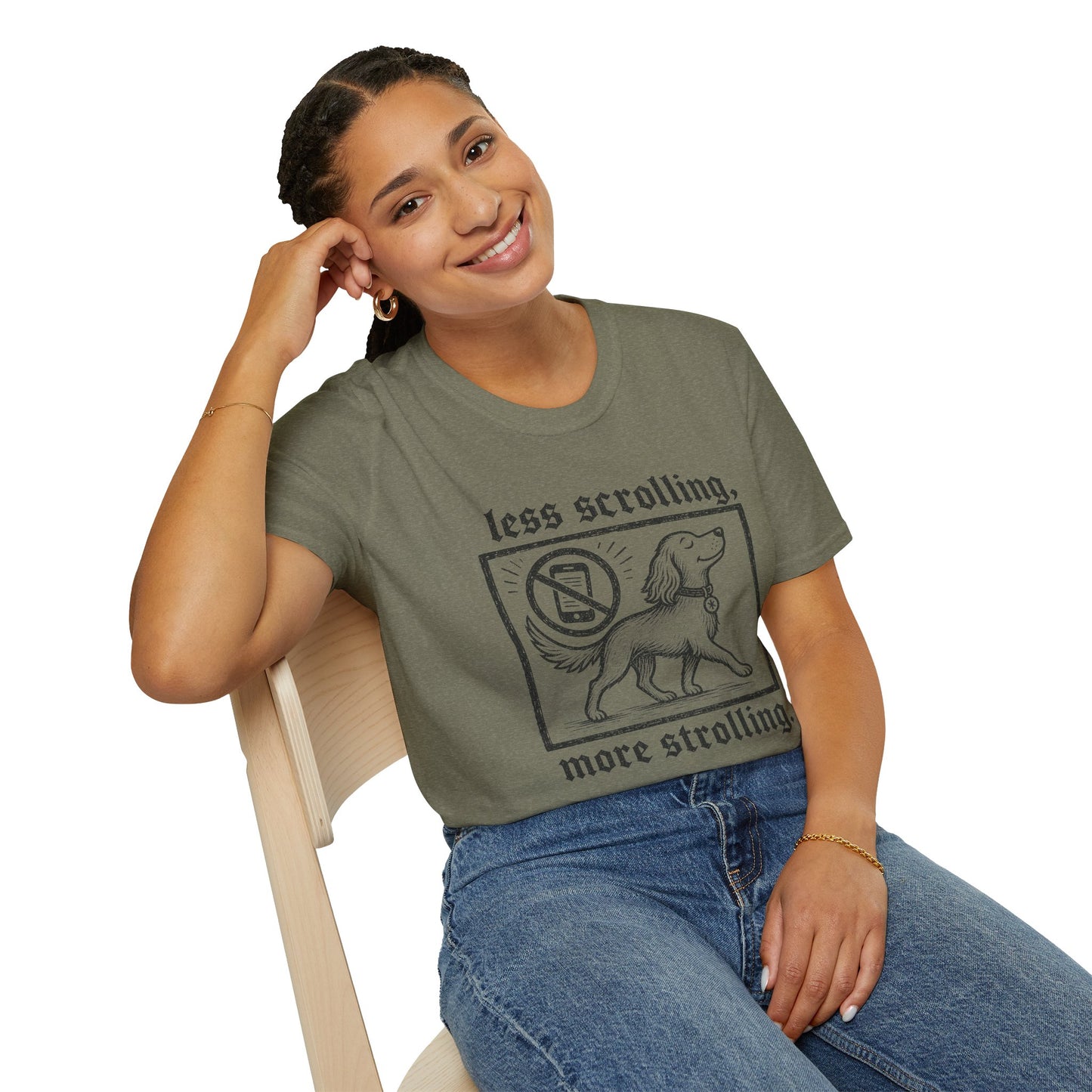 T-Shirt — "Less Scrolling, More Strolling" Dog Graphic Tee