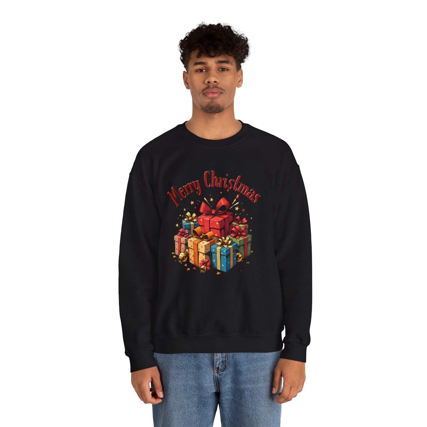 Christmas Crewneck Sweatshirt — "Merry Christmas" with Festive Gift Pile
