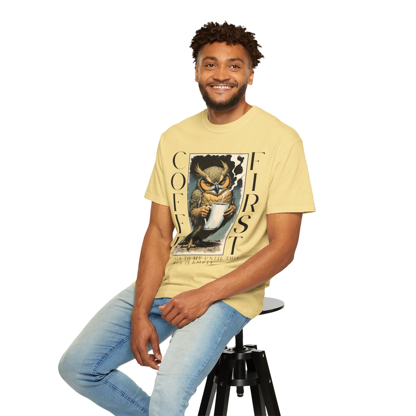 Coffee First Owl T-Shirt — Vintage Owl Holding  Graphic Tee