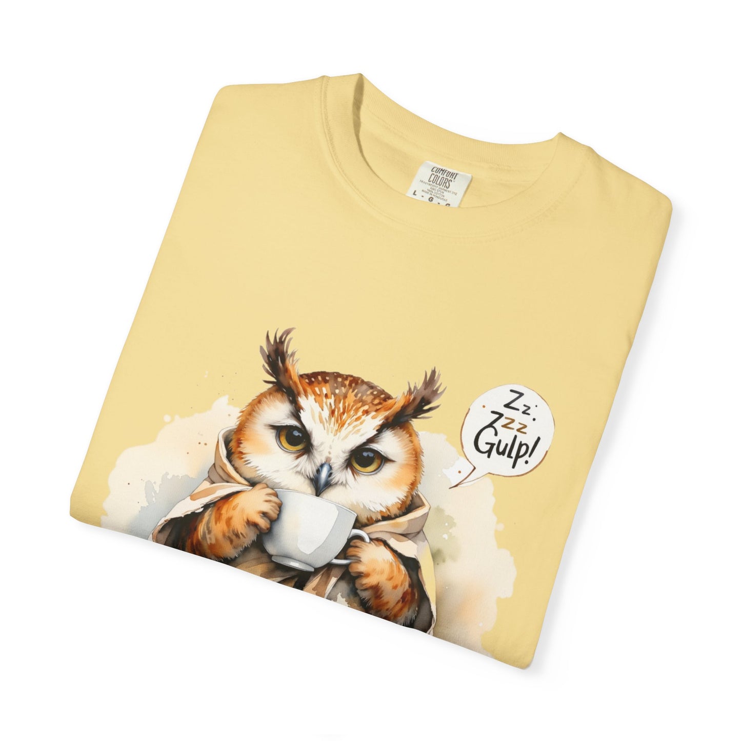 Cozy Owl Drinking Coffee T-Shirt – 'Zzz... Gulp!' Cute Morning Graphic Tee
