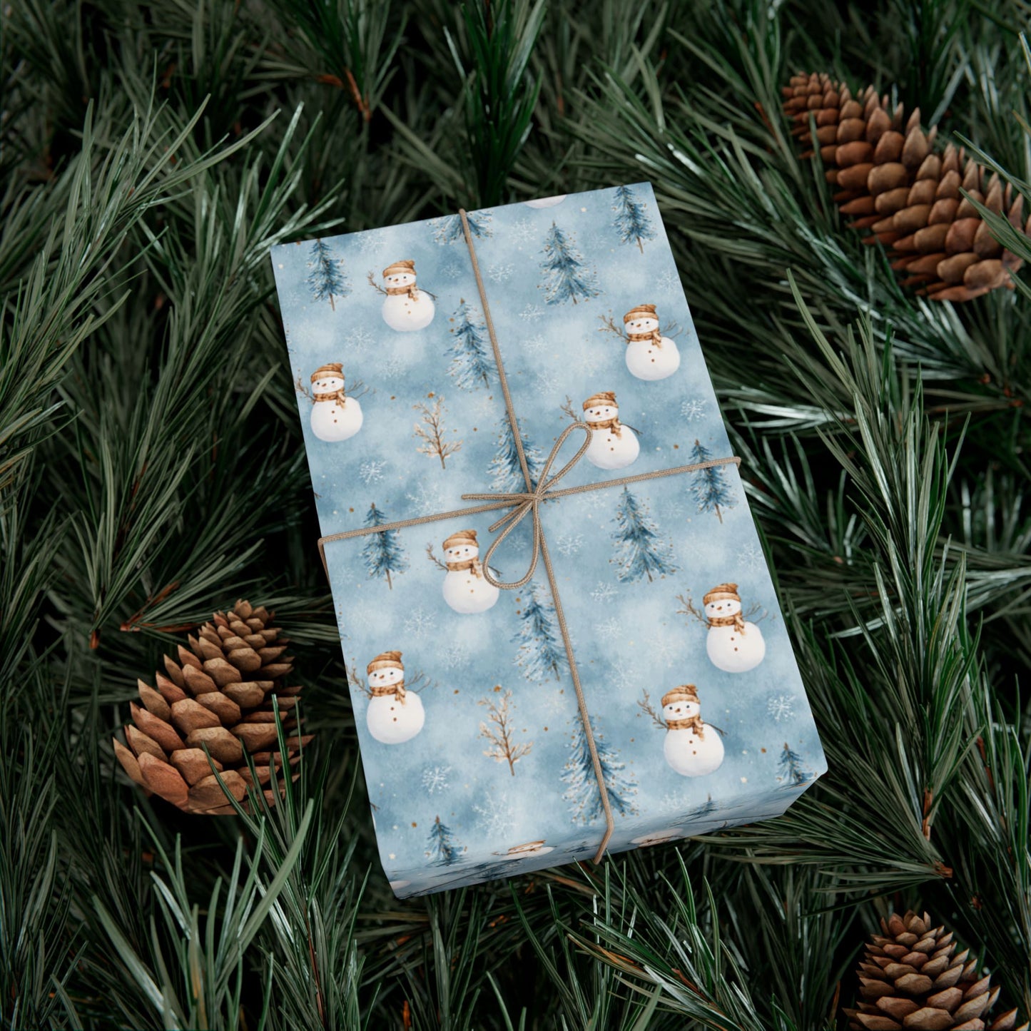 Snowman & Pine Holiday Gift Wrap Paper — Blue Winter Christmas Wrapping Sheets
