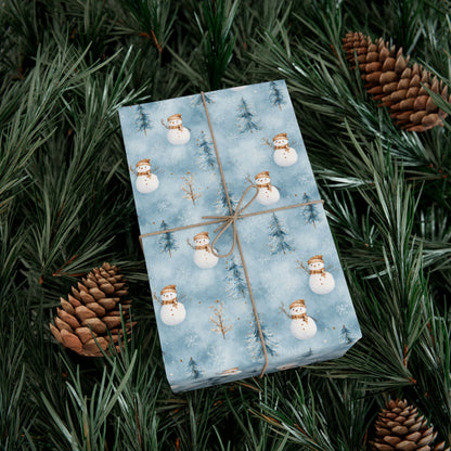 Snowman & Pine Holiday Gift Wrap Paper — Blue Winter Christmas Wrapping Sheets