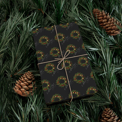 Wreath Pattern Gift Wrap Paper – Black & Gold Holiday Wrapping Sheets