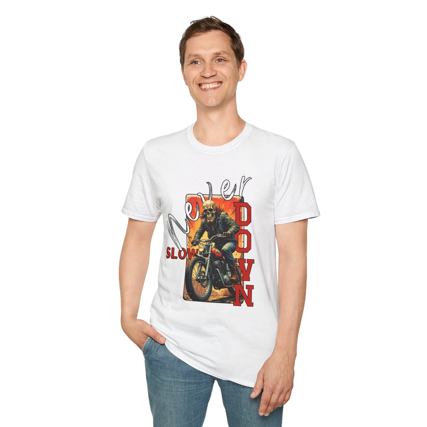 Never Slow Down Motorcycle T-Shirt - Unisex Softstyle Graphic Tee,biker, scull ,twisted