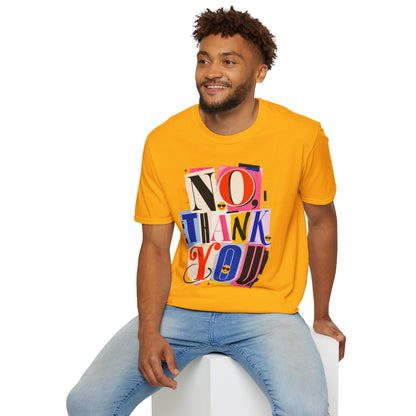 No, Thank You Graphic Tee — Colorful Bold Lettering T‑Shirt