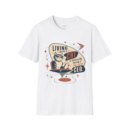 Cat T-Shirt — "Living with a Cat is Basically Having a Furry CEO" Retro Graphic
