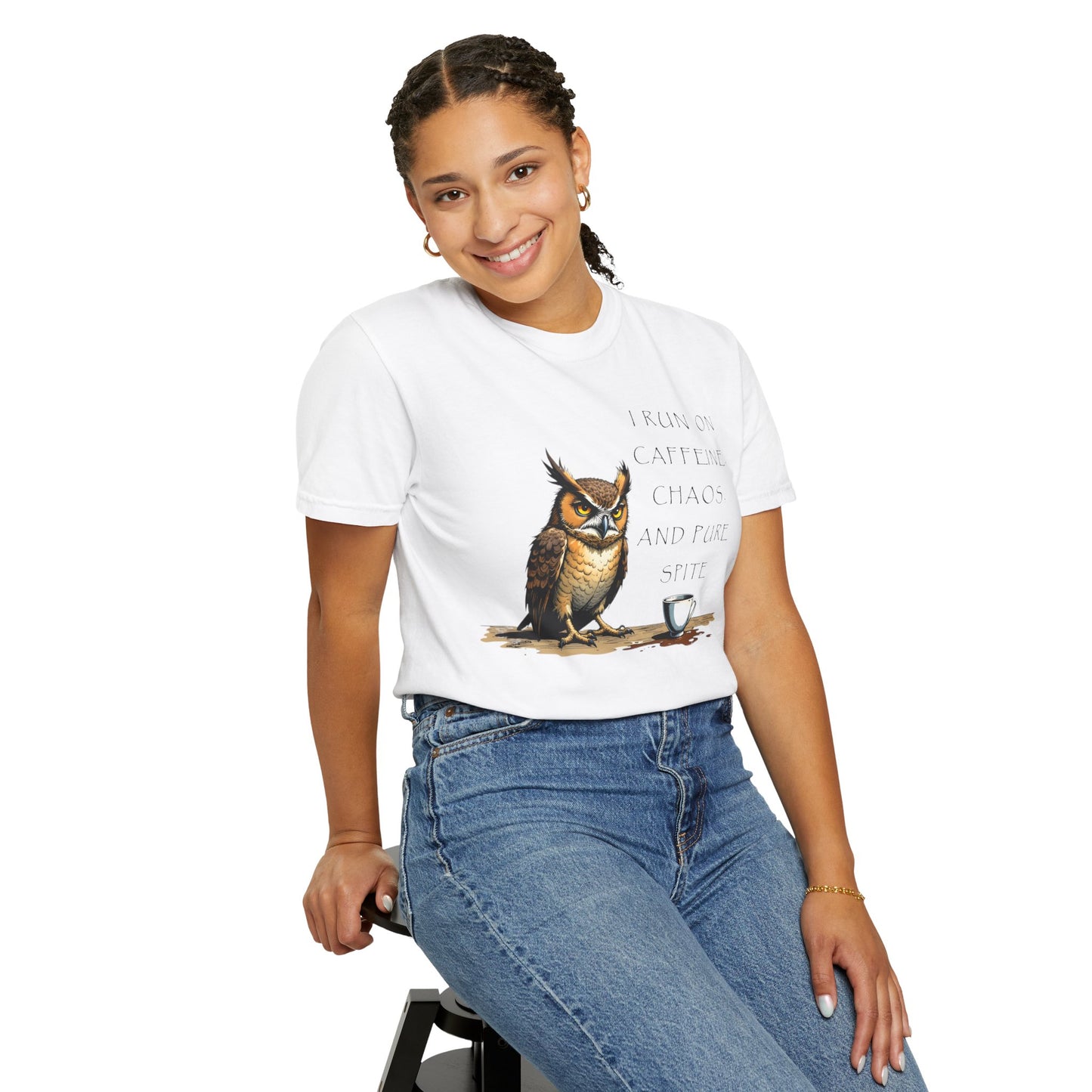 Owl & Coffee T‑Shirt — "I Run On Caffeine, Chaos, And Pure Spite" Graphic Tee