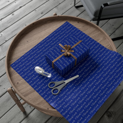 Holiday Gift Wrap Paper — Navy Blue "Season's Greetings" Repeating Script
