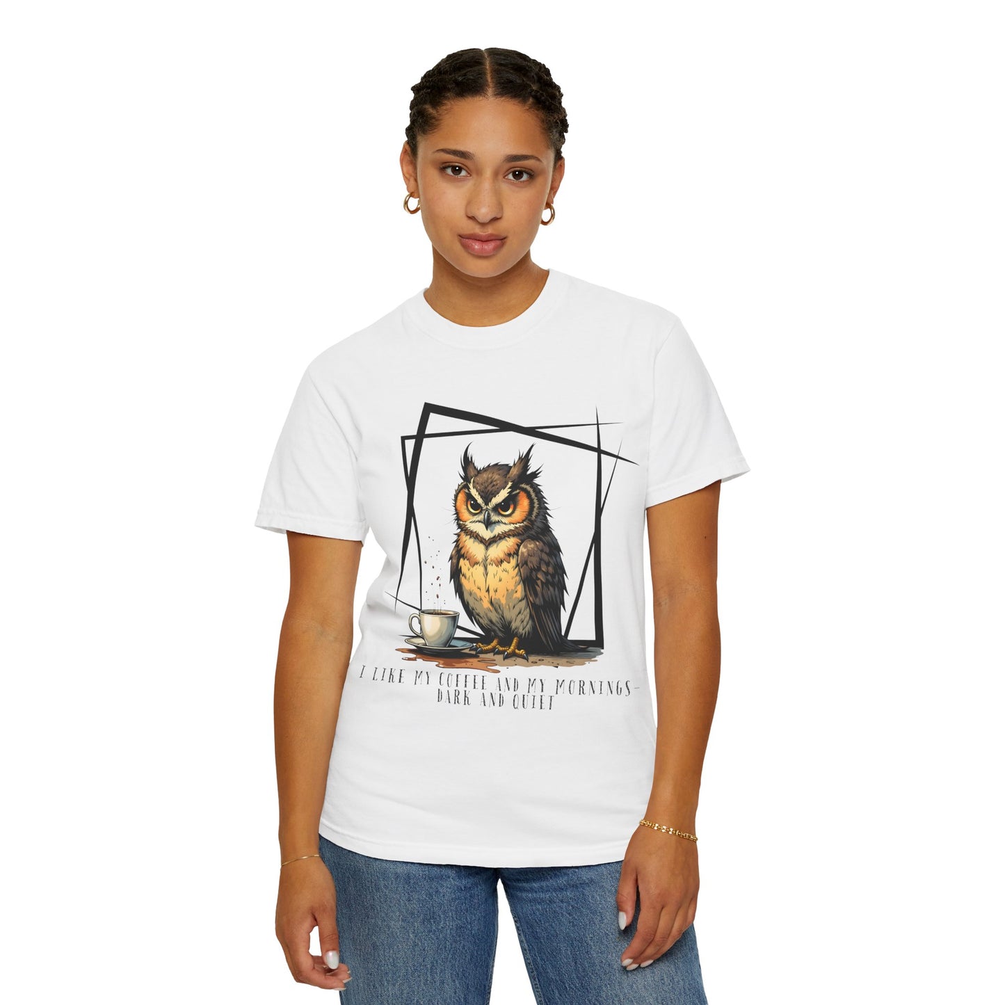 Owl & Coffee Graphic T-Shirt — 'A Day to Coffee and Contemplate'