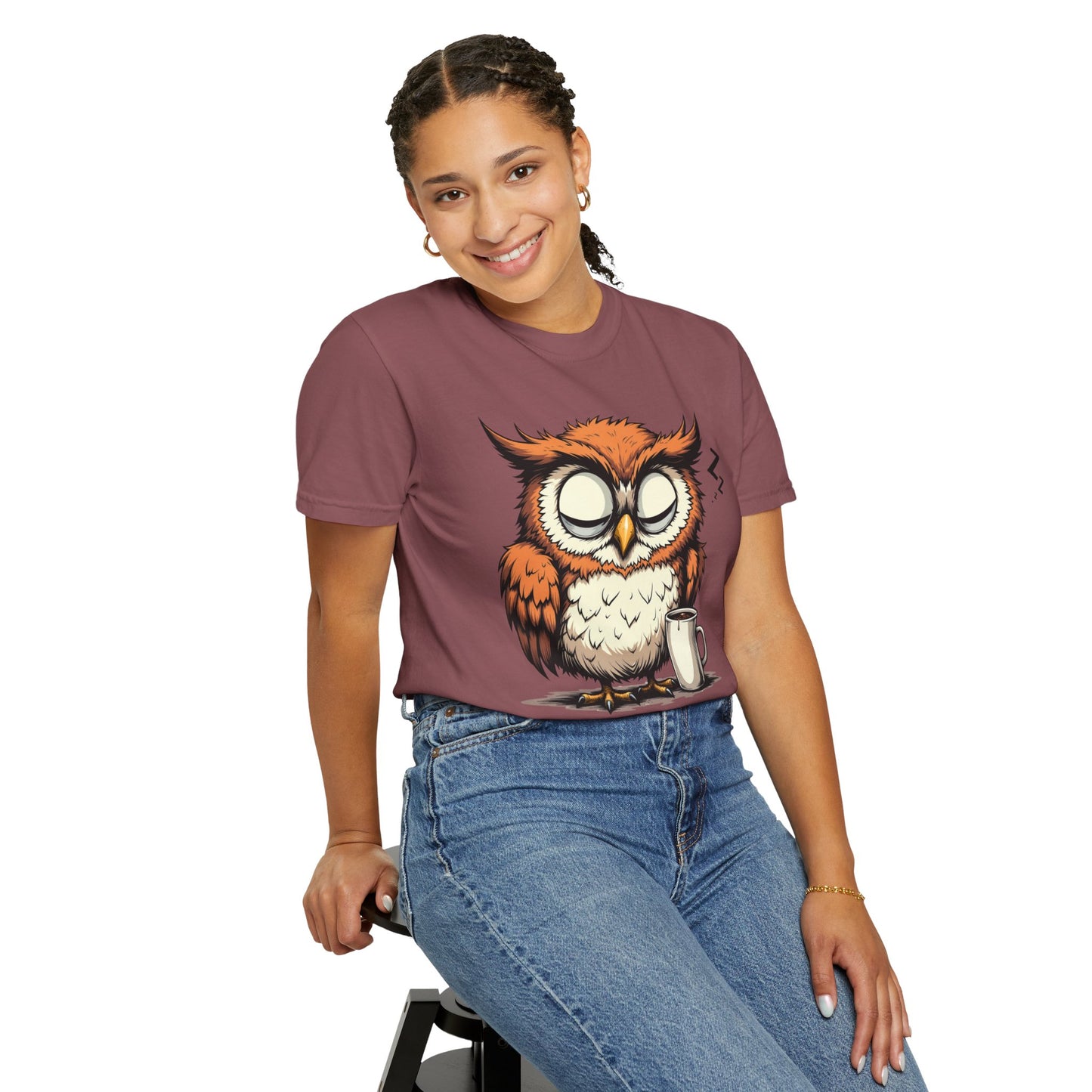 Sleepy Owl Coffee T-Shirt — "Gimme a Minute" Cute Morning Tee