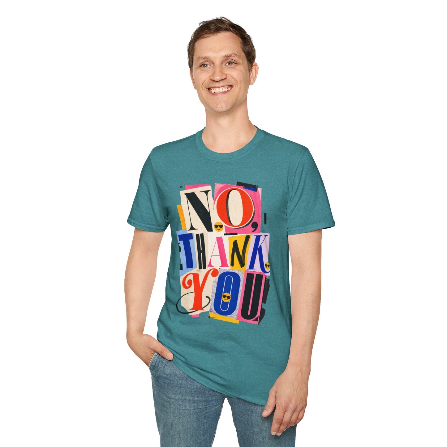 No, Thank You Graphic Tee — Colorful Bold Lettering T‑Shirt