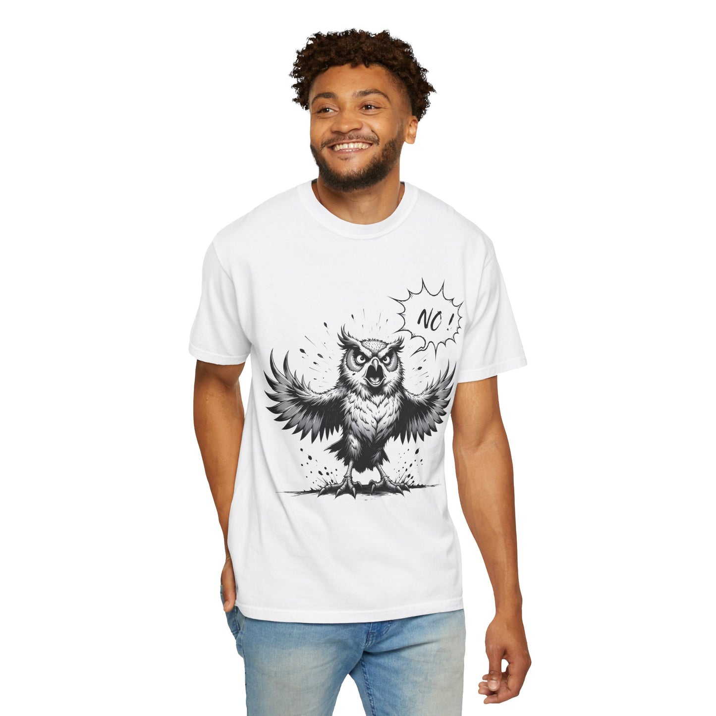 Owl Saying “No” Graphic T-Shirt — Bold Monochrome Illustration