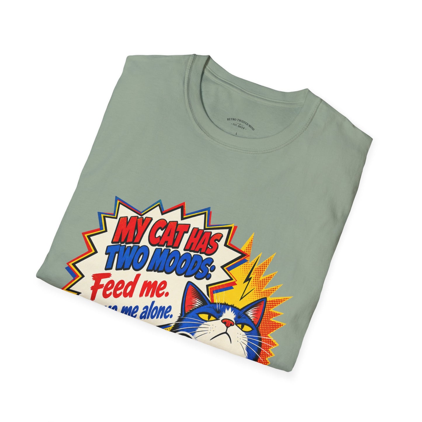Cat T-Shirt — "My Cat Has Two Moods: Feed Me, Leave Me Alone" Funny Retro Comic Tee