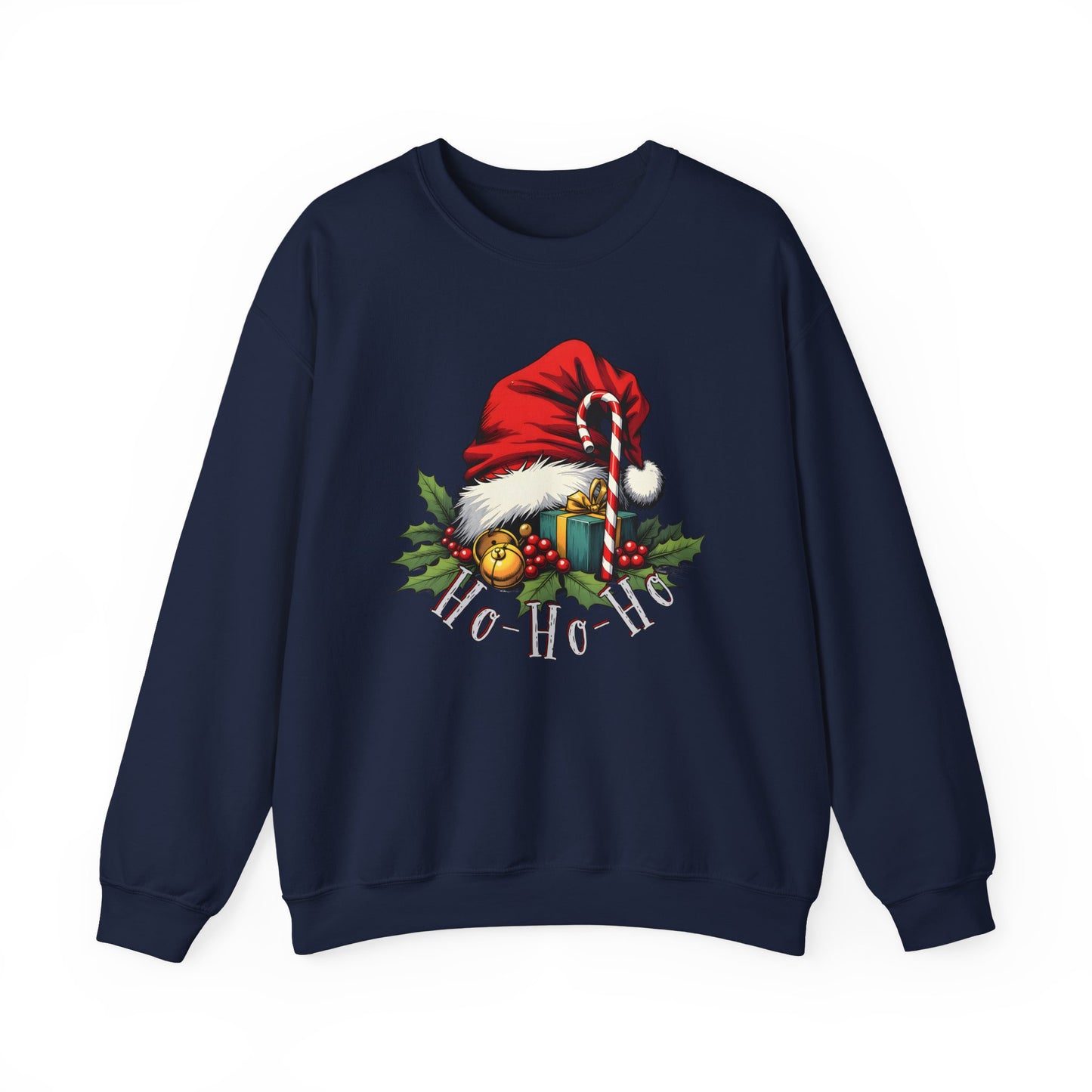 Christmas Sweatshirt - 'Ho-Ho-Ho' Santa Hat & Holly Holiday Crewneck