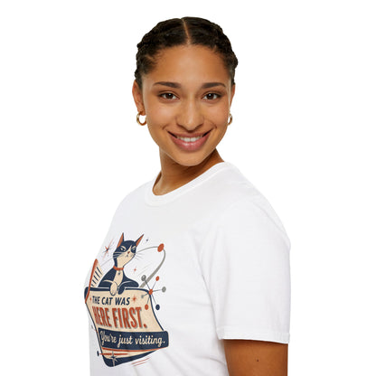 Cat Was Here First T-Shirt — Retro Mid-Century Kitty "You’re Just Visiting" Tee