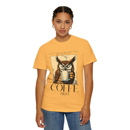 Coffee First Owl T-Shirt — Vintage Coffee Lover Graphic Tee