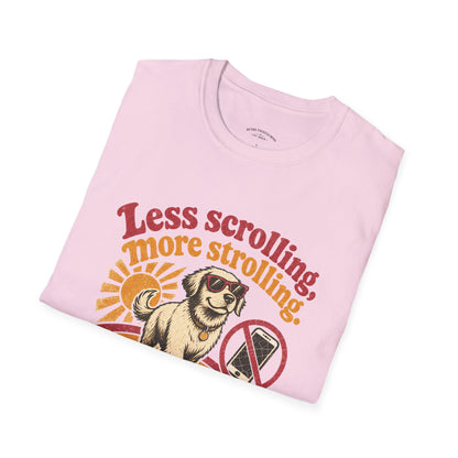 Less Scrolling More Strolling T-Shirt — Retro Dog Walk Graphic Tee