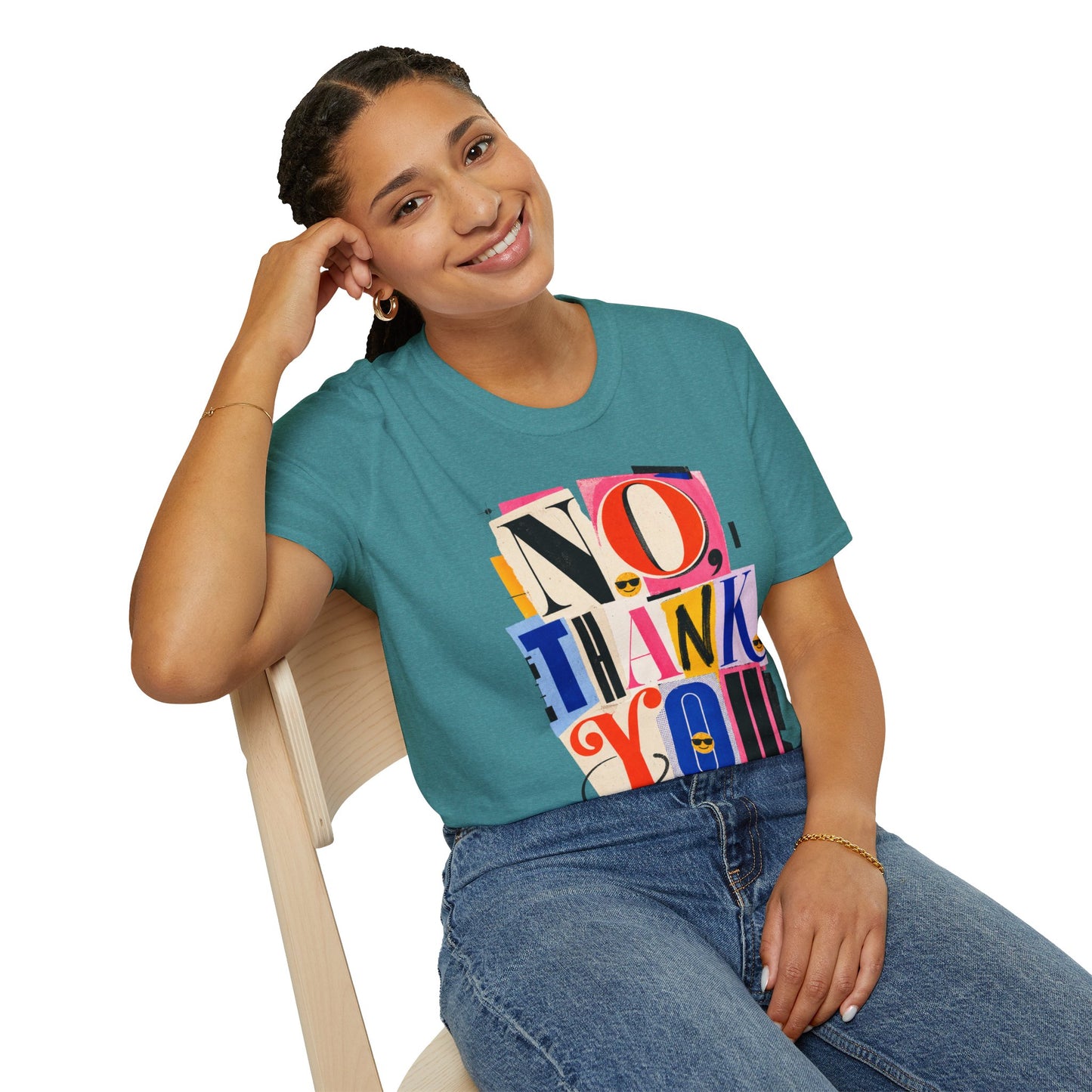 No, Thank You Graphic Tee — Colorful Bold Lettering T‑Shirt