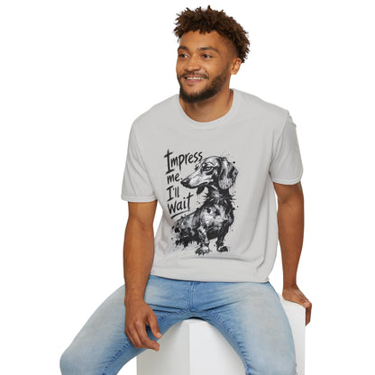 Dachshund Graphic Tee — "Impress Me. I'll Wait" Dog Lover T-Shirt