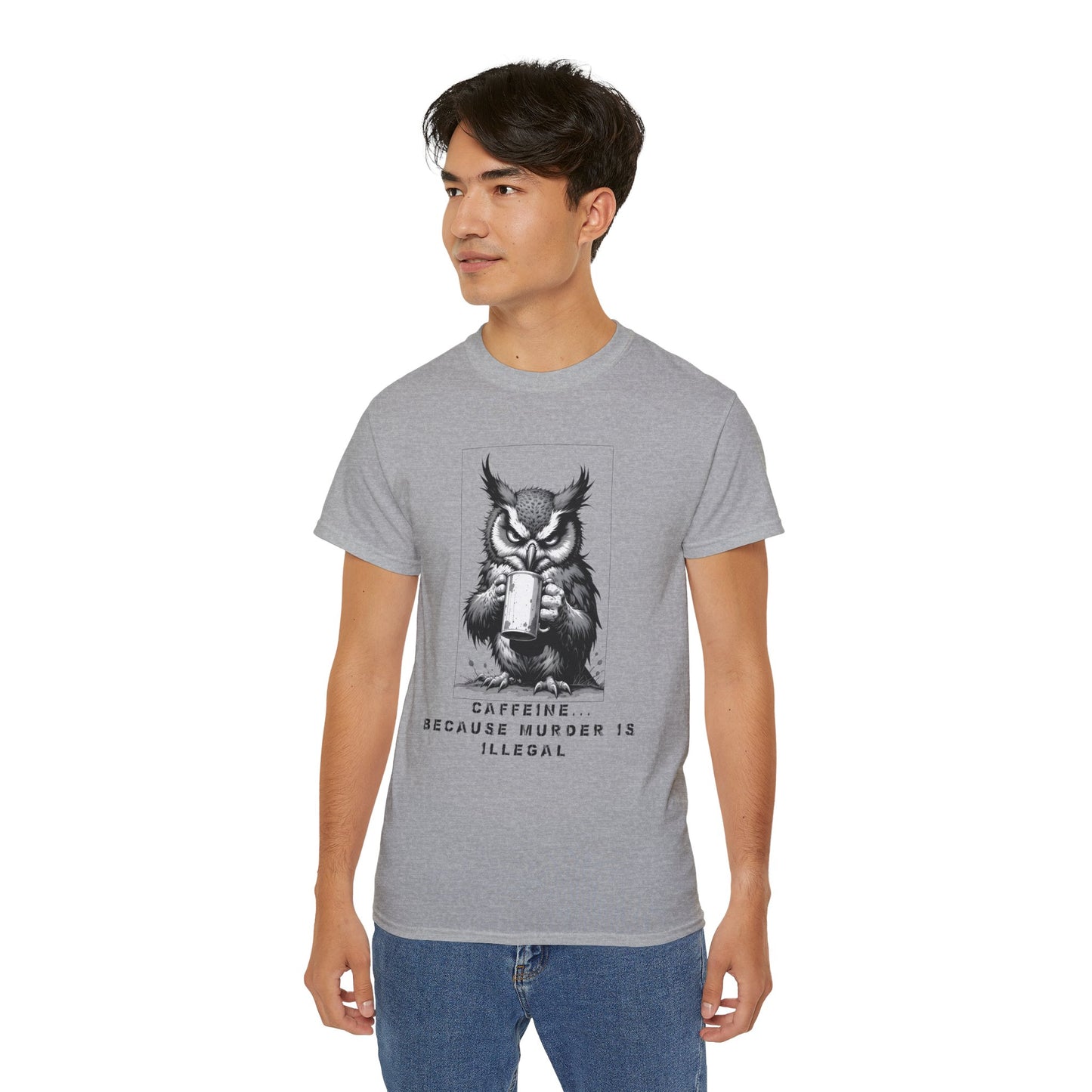 Coffee Owl T‑Shirt — "Caffeine Because Murder Is Illegal" Funny Graphic Tee