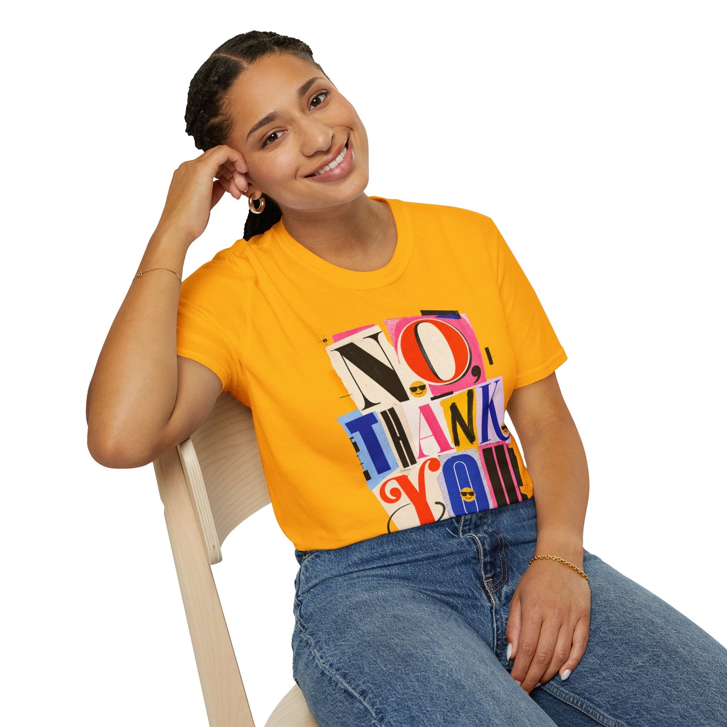 No, Thank You Graphic Tee — Colorful Bold Lettering T‑Shirt