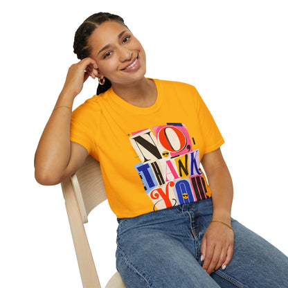 No, Thank You Graphic Tee — Colorful Bold Lettering T‑Shirt
