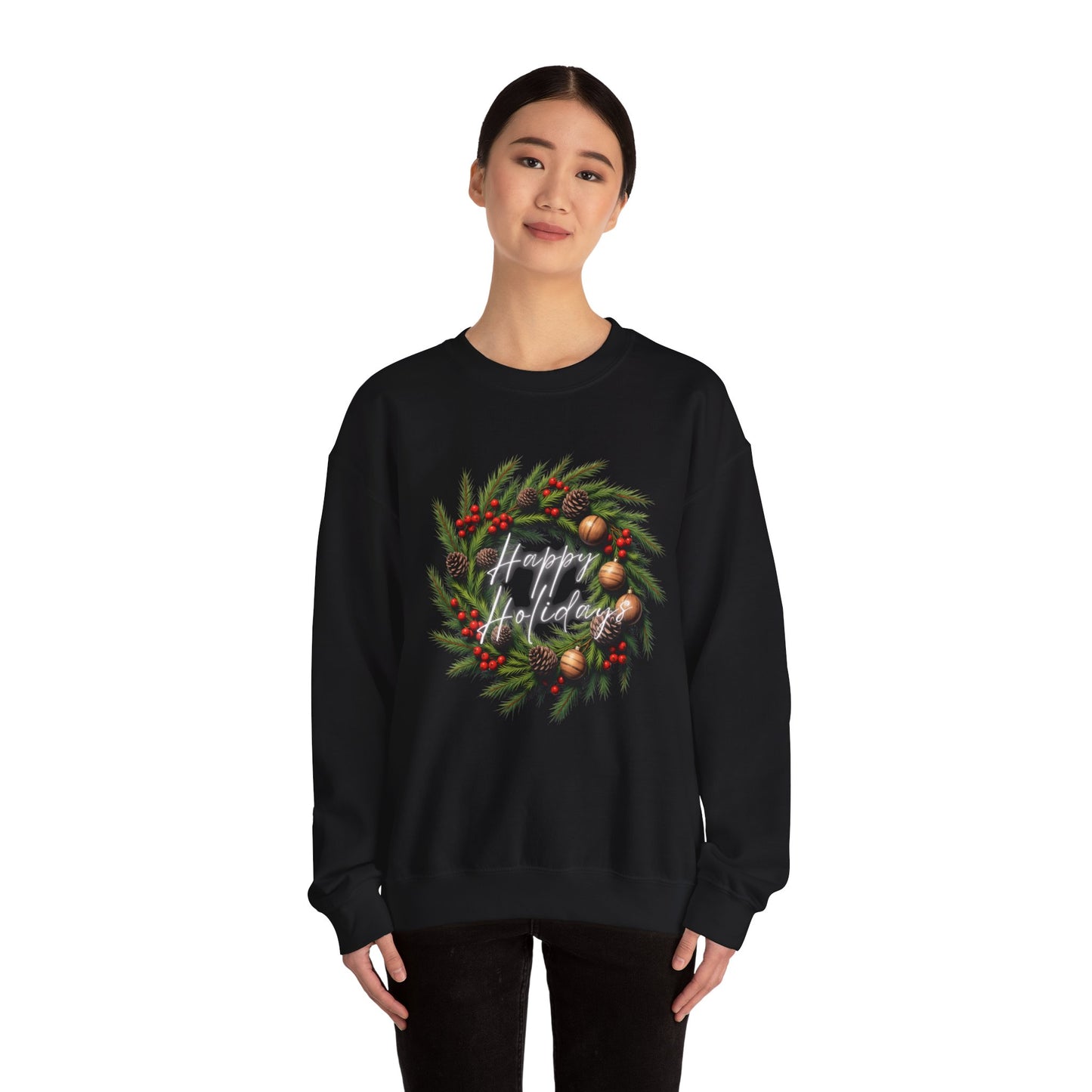 Christmas Wreath Crewneck Sweatshirt – Festive Pine & Ornaments Holiday Sweater