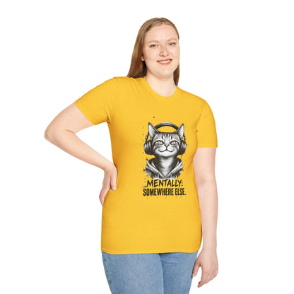 T-Shirt — Cat with Headphones "Mentally: Somewhere Else" – Cute Relaxed Graphic Tee for Cat Lovers