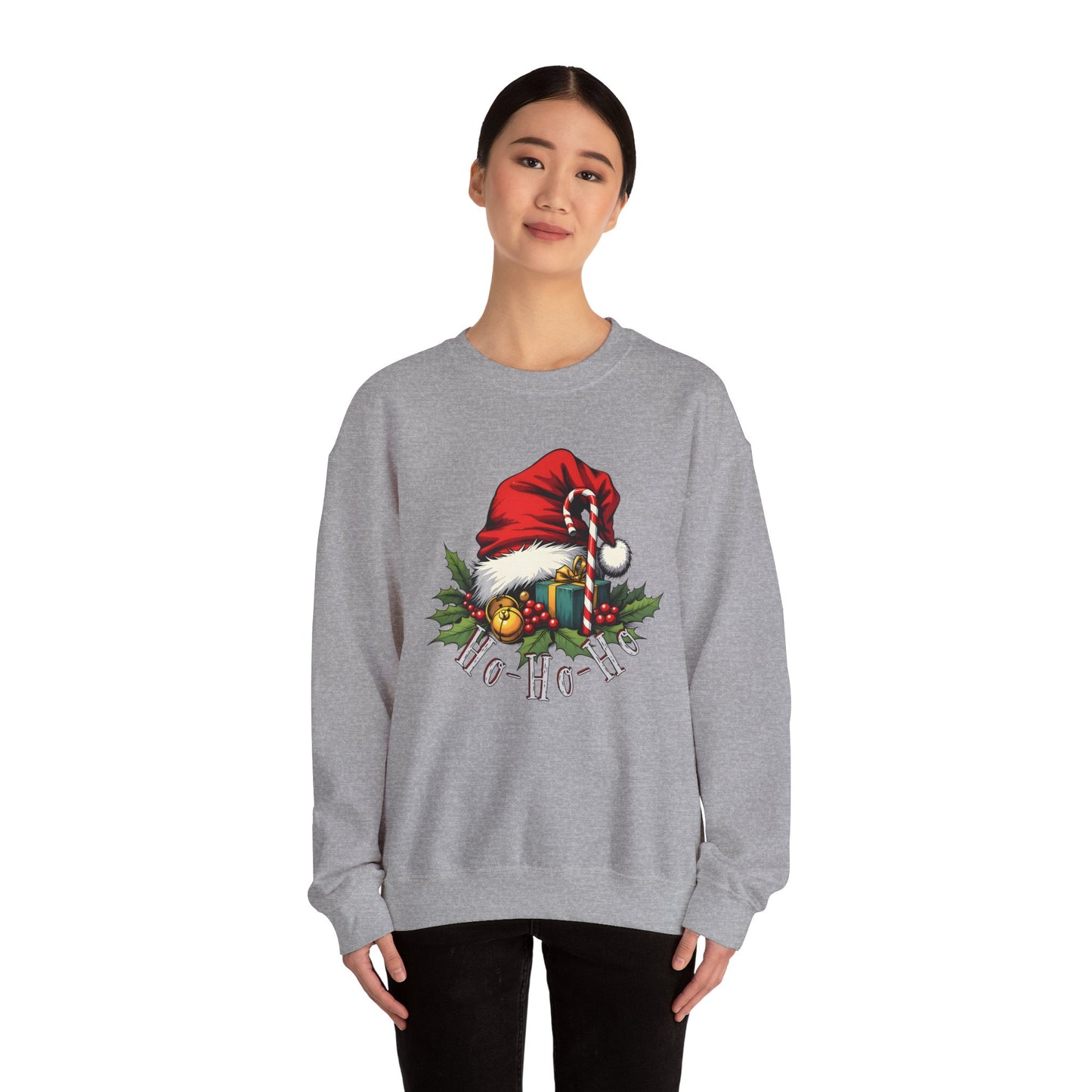 Christmas Sweatshirt - 'Ho-Ho-Ho' Santa Hat & Holly Holiday Crewneck