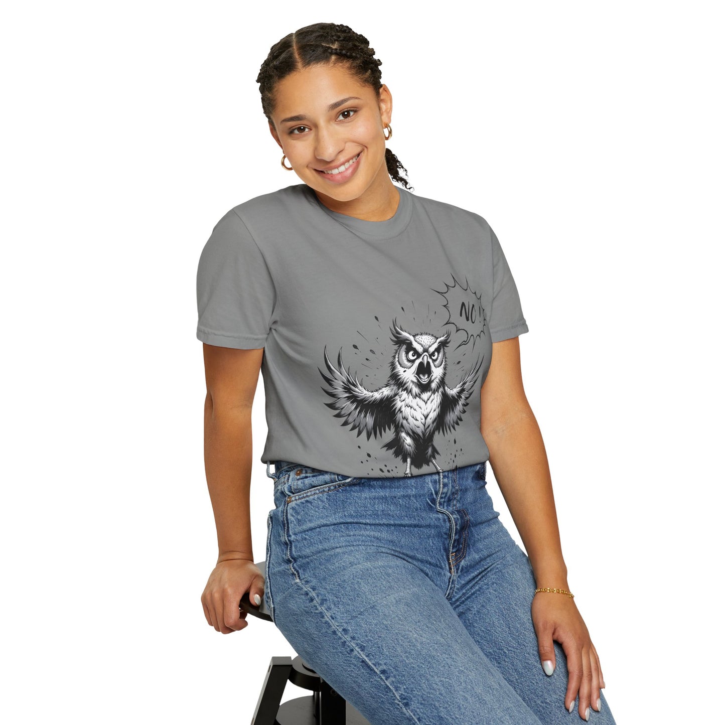 Owl Saying “No” Graphic T-Shirt — Bold Monochrome Illustration