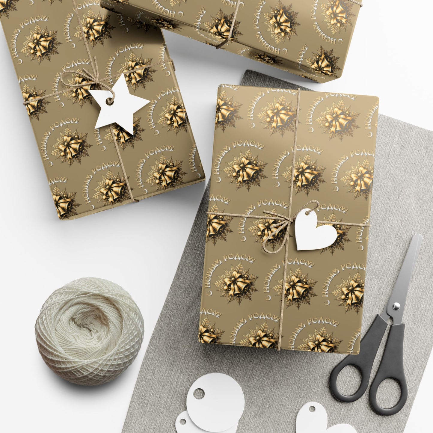 Wrapping Paper - Neutral Kraft Gold Bow Pattern Holiday Gift Wrap